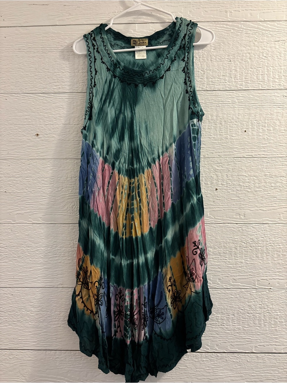 Vintage Boho Tie-Dye Flowing Sleeveless Tunic Dress - Teal Multi